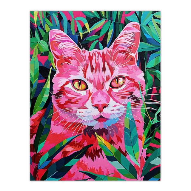 "Artery8 Wall Art Print Cat Lover Pet in Fronds Psychedelic Pink Green Poster - Size: W24"" x H32""" - image 1