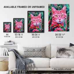 "Artery8 Wall Art Print Cat Lover Pet in Fronds Psychedelic Pink Green Poster - Size: W24"" x H32""" - thumbnail 3
