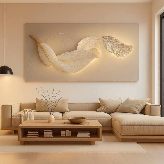Mafett Premium Canvas Large Effect Feather Glow Modern Wall Art Print in Beige - Size: 200 cm x 100 cm - image 1