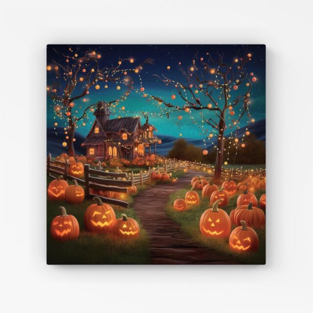 "Warren Reed - Designer Enchanted Hallowen Pumpkin Patch Canvas in Orange - Size: W30"" x H30""" - image 1
