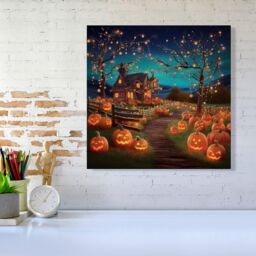 "Warren Reed - Designer Enchanted Hallowen Pumpkin Patch Canvas in Orange - Size: W30"" x H30""" - thumbnail 2