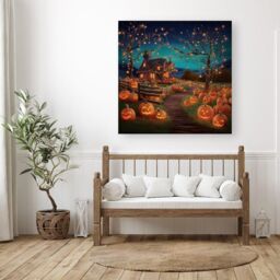 "Warren Reed - Designer Enchanted Hallowen Pumpkin Patch Canvas in Orange - Size: W30"" x H30""" - thumbnail 3
