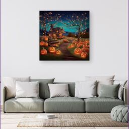 "Warren Reed - Designer Enchanted Hallowen Pumpkin Patch Canvas in Orange - Size: W30"" x H30""" - thumbnail 4