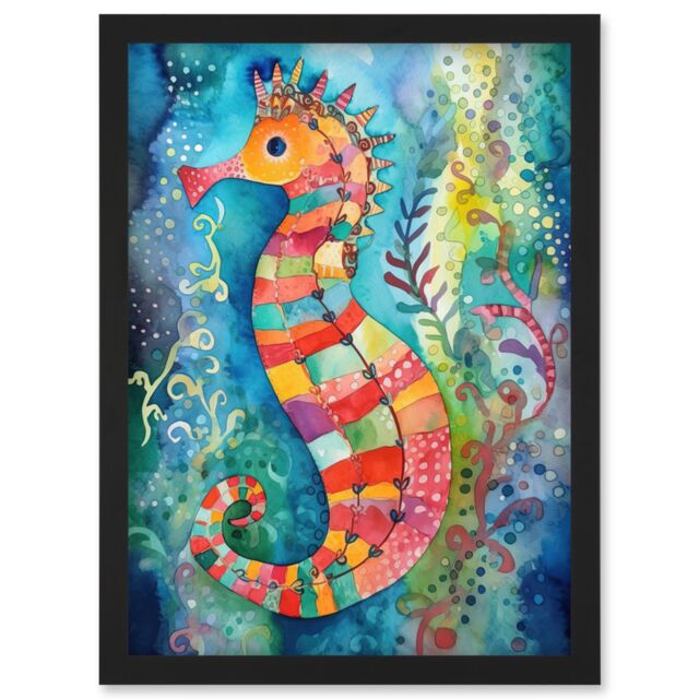 Artery8 Seahorse In Aquatic Plants Folk Art Artwork Framed Wall Art Print A4 in Black - image 1