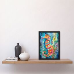 Artery8 Seahorse In Aquatic Plants Folk Art Artwork Framed Wall Art Print A4 in Black - thumbnail 2