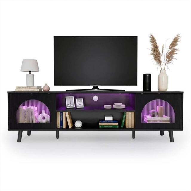 EONLION TV Stand Unit Cabinet Shelf 2 Glass Doors in Black - Size: 100 cm - image 1