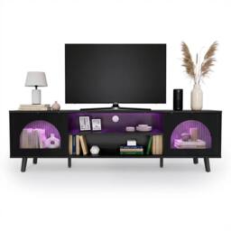 EONLION TV Stand Unit Cabinet Shelf 2 Glass Doors in Black - Size: 100 cm - thumbnail 1