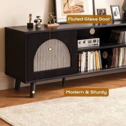 EONLION TV Stand Unit Cabinet Shelf 2 Glass Doors in Black - Size: 100 cm - thumbnail 4