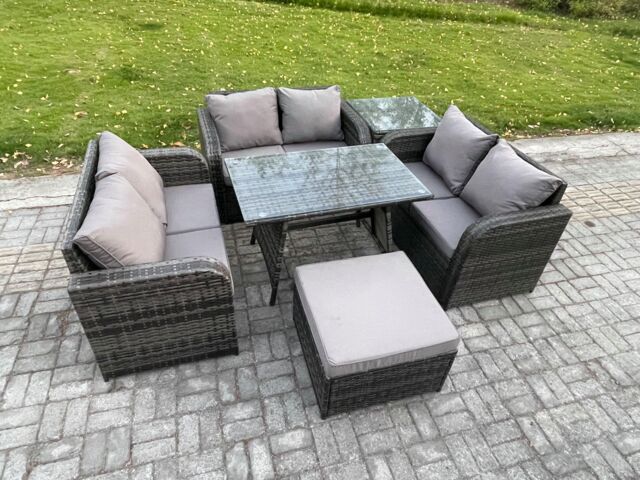 Fimous Rattan Garden Furniture Set 7 Seater Patio Outdoor Love Sofa Set with Rectangular Dining Table Big Footstool Side Table in Dark Grey - image 1