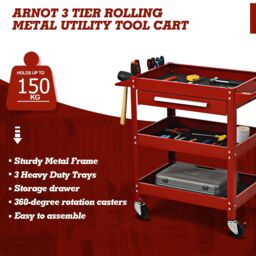 Costway 3-Tray Tool Cart Rolling Utility Cart Tray Organizer w/ Drawer & Wheels in Red - thumbnail 4