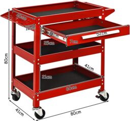 Costway 3-Tray Tool Cart Rolling Utility Cart Tray Organizer w/ Drawer & Wheels in Red - thumbnail 2
