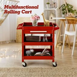Costway 3-Tray Tool Cart Rolling Utility Cart Tray Organizer w/ Drawer & Wheels in Red - thumbnail 3