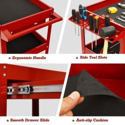 Costway 3-Tray Tool Cart Rolling Utility Cart Tray Organizer w/ Drawer & Wheels in Red - thumbnail 6