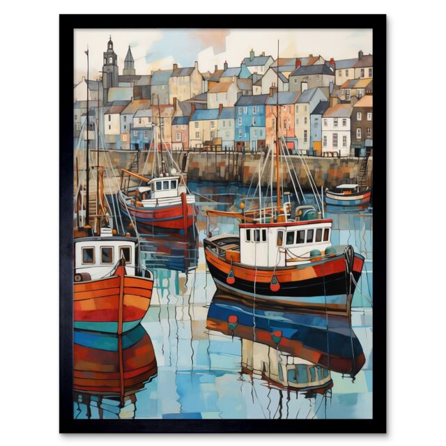 "Artery8 Wall Art Print Newlyn Harbour Trawler Boats Promenade Watercolour Painting Cornwall Coastal Townscape Art Framed in Black - Size: W12"" x H16""" - image 1