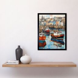 "Artery8 Wall Art Print Newlyn Harbour Trawler Boats Promenade Watercolour Painting Cornwall Coastal Townscape Art Framed in Black - Size: W12"" x H16""" - thumbnail 2