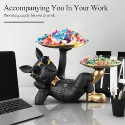 Huhote Black Lying French Bulldog Statue Decor with Tray for Home Table Decor - thumbnail 5