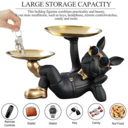 Huhote Black Lying French Bulldog Statue Decor with Tray for Home Table Decor - thumbnail 3