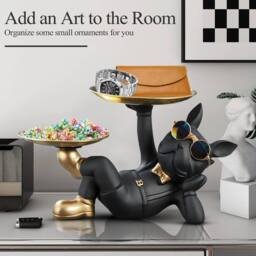 Huhote Black Lying French Bulldog Statue Decor with Tray for Home Table Decor - thumbnail 6