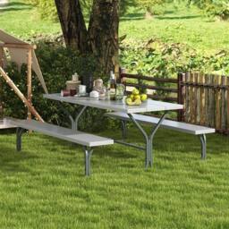 Costway Picnic Table Bench Set 8 Person Outdoor Camping Table & 2 Benches in Grey - thumbnail 4