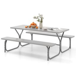 Costway Picnic Table Bench Set 8 Person Outdoor Camping Table & 2 Benches in Grey - thumbnail 1