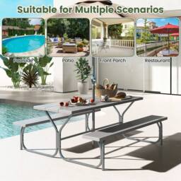 Costway Picnic Table Bench Set 8 Person Outdoor Camping Table & 2 Benches in Grey - thumbnail 9