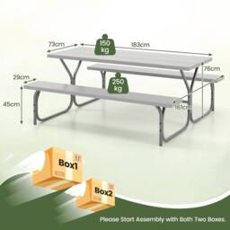 Costway Picnic Table Bench Set 8 Person Outdoor Camping Table & 2 Benches in Grey - thumbnail 2