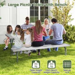 Costway Picnic Table Bench Set 8 Person Outdoor Camping Table & 2 Benches in Grey - thumbnail 3