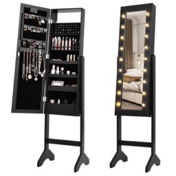 Gymax Jewelry Cabinet Freestanding Jewellery Organizer With 18 LED Lights in Black - thumbnail 1