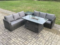 Fimous Rattan Garden Furniture Set with Fire Pit Table 4 Pieces Outdoor Patio Lounge Sofa Set Dark Grey Mixed - thumbnail 3