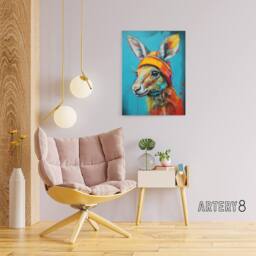 "Artery8 Baby Kangaroo Joey Wearing Hat Kids Bedroom Canvas Wall Art Print in Blue - Size: W12"" x H16""" - thumbnail 3