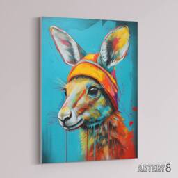 "Artery8 Baby Kangaroo Joey Wearing Hat Kids Bedroom Canvas Wall Art Print in Blue - Size: W12"" x H16""" - thumbnail 2
