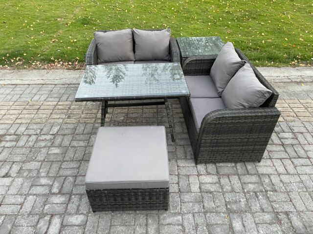 Fimous Outdoor Garden Furniture Sets 5 Pieces Wicker Rattan Furniture Sofa Sets with Rectangular Dining Table in Dark Grey - image 1