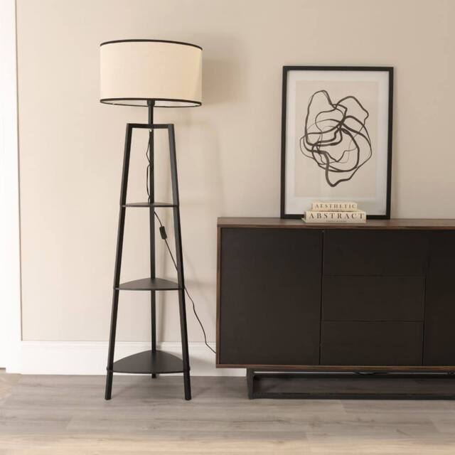 ValueLights Hiru Black 3 Tier Wood Shelf Floor Lamp with Linen Shade & LED Bulb - image 1
