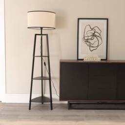 ValueLights Hiru Black 3 Tier Wood Shelf Floor Lamp with Linen Shade & LED Bulb
