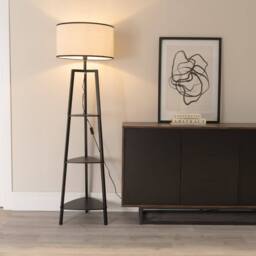 ValueLights Hiru Black 3 Tier Wood Shelf Floor Lamp with Linen Shade & LED Bulb - thumbnail 2