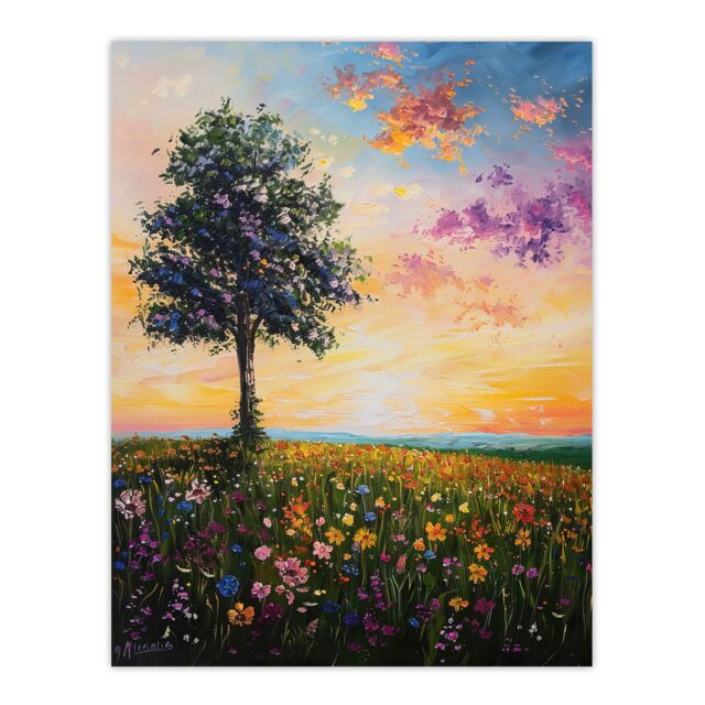 "Artery8 Tree Spring Wildflower Meadow Sunset Oil Painting Wall Art Print in Orange - Size: W24"" x H32""" - image 1