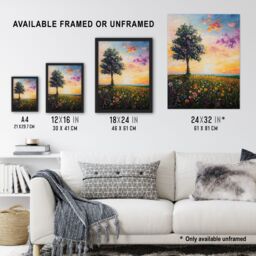 "Artery8 Tree Spring Wildflower Meadow Sunset Oil Painting Wall Art Print in Orange - Size: W24"" x H32""" - thumbnail 3