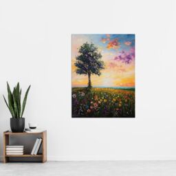 "Artery8 Tree Spring Wildflower Meadow Sunset Oil Painting Wall Art Print in Orange - Size: W24"" x H32""" - thumbnail 4