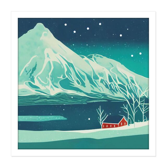 "Artery8 Wall Art Print The Red House Norway Fjords Winter Mountains Night Sky Stars Snow Hills Square Framed Picture 16X16 Inch - Size: W16"" x H16""" - image 1