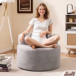 Costway Bean Bag Chair Floor Single Sofa Chair Round Boneless Reading Couch in Grey - thumbnail 4