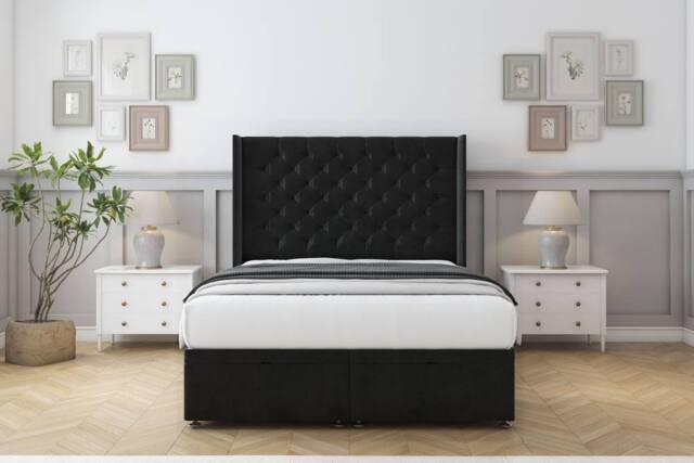"Sloomy Dior Plush Ottoman Bed Base-54"" Wingback Headboard in Black - Size: Small Single" - image 1