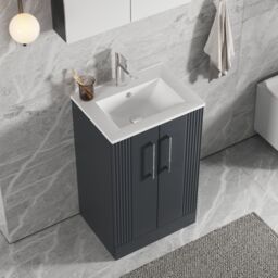 Balterley Vanity Unit w/ Basin Floor Standing, Soft Close 2 Door w/ Rectangular Sink, Bathroom Vanity Units w/ Basin, Partial Fluted Sink Cabinet - thumbnail 3