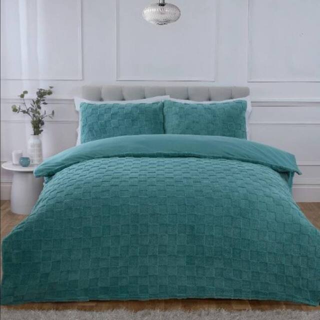 Rapport Home Luxury Check Teddy Polyester Fleece Duvet Cover Set with Pillowcase in Duck Egg Blue - Size: Double - image 1