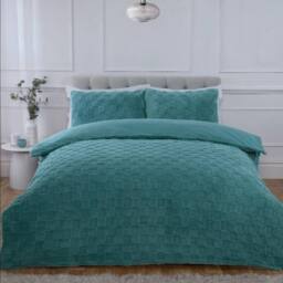 Rapport Home Luxury Check Teddy Polyester Fleece Duvet Cover Set with Pillowcase in Duck Egg Blue - Size: Double