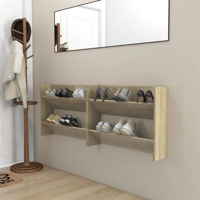 Berkfield Home Wall Shoe Cabinets 2 pcs Sonoma Oak 80x18x60cm Engineered Wood in Brown - Size: 80 x 18 x 60 cm - image 1