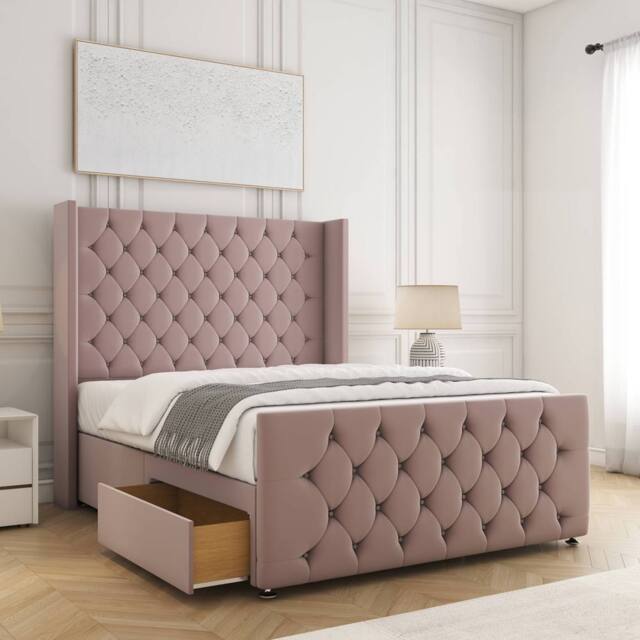 "BSSPOKE Florida Divan Bed Velvet 54""Headboard & 20""Footboard 2Drawers Mattress in Pink - Size: King" - image 1