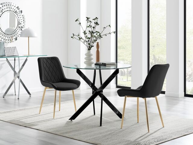 FurnitureboxUK Novara 100cm Round Black Leg Dining Table & 2 Pesaro Gold Leg Chairs - image 1