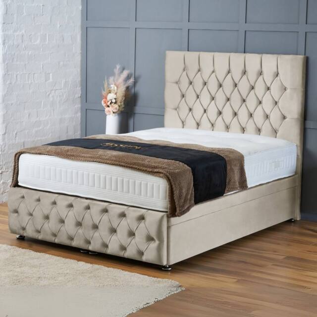 "BSSPOKE Mulberry Ottoman Divan Bed Plush Velvet 54"" Headboard & No Mattress in Cream - Size: King" - image 1
