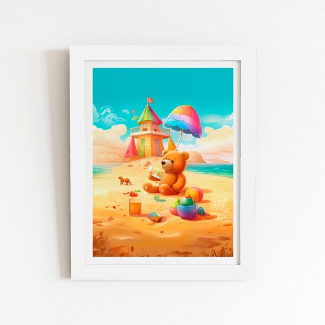 "Warren Reed - Designer Bear On A Beach Holiday Framed Art Print in White - Size: W12"" x H16""" - image 1