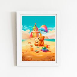 "Warren Reed - Designer Bear On A Beach Holiday Framed Art Print in White - Size: W12"" x H16""" - thumbnail 2